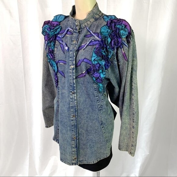 VINTAGE 80s JEANS JACKET WITH PURPLE RUFFLE BEADED DESIGN FRONT SNAP WOMEN LARGE - Picture 6 of 9